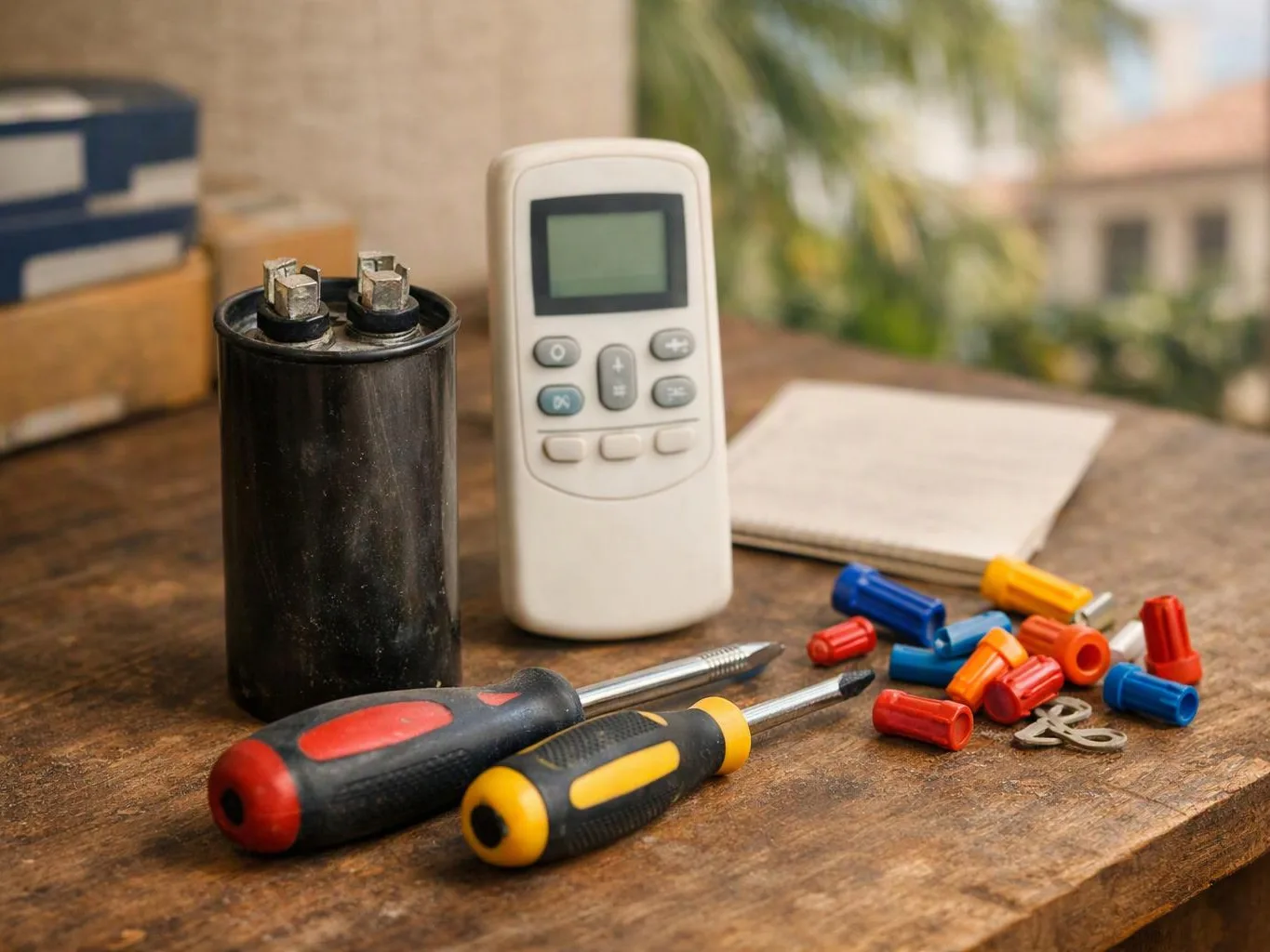Electrical tools, wire connectors, and a remote control sit on a wooden workbench outdoors