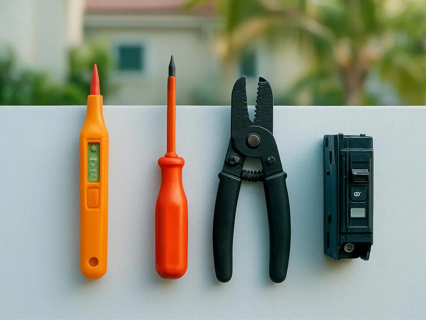 Four electrical tools rest in a row on a light surface, with a blurred outdoor background