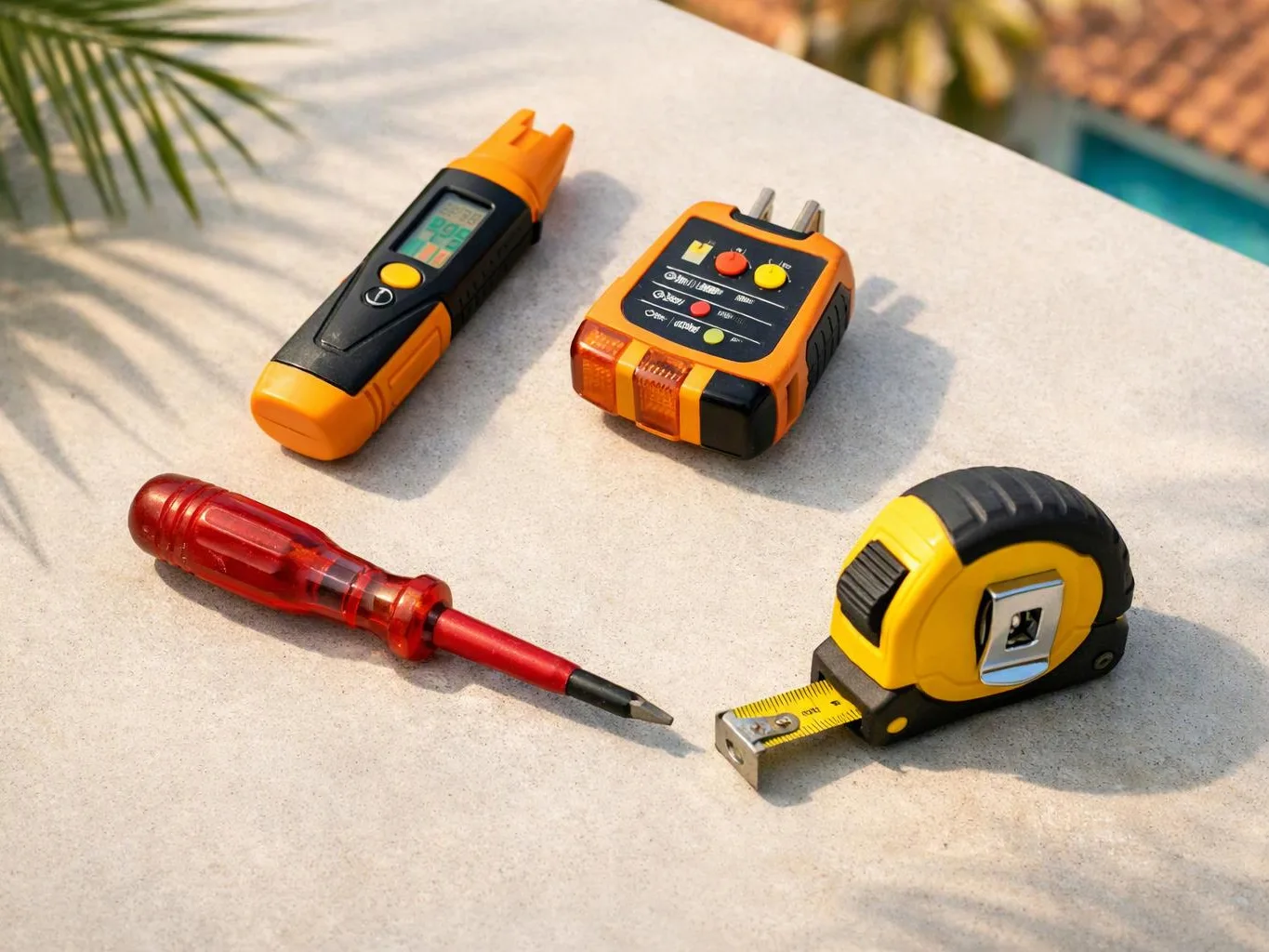 Four handheld measuring tools lie on a sunlit stone surface beside a pool