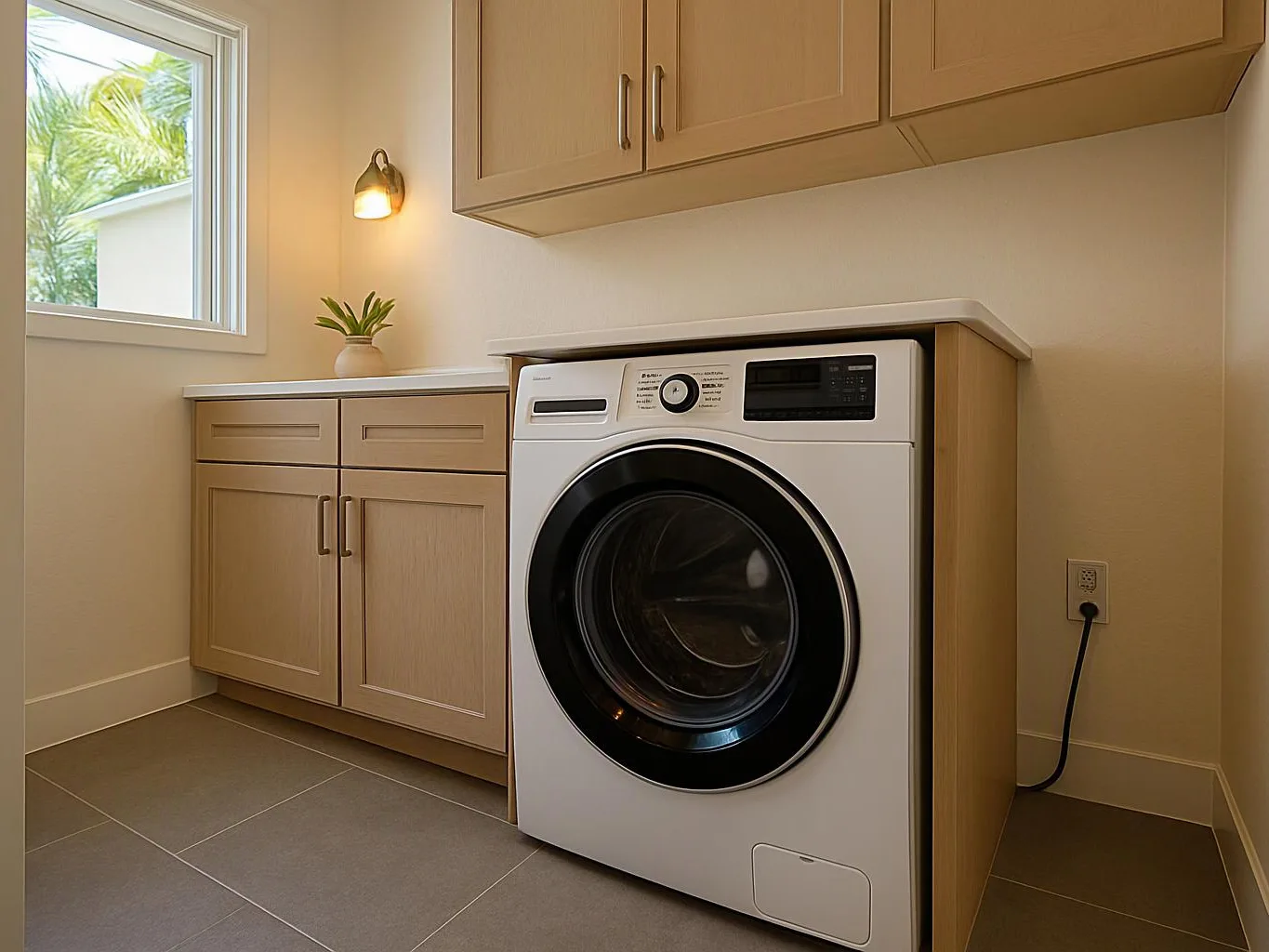 A front-loading washing machine sits beside light wood cabinets in a bright laundry room