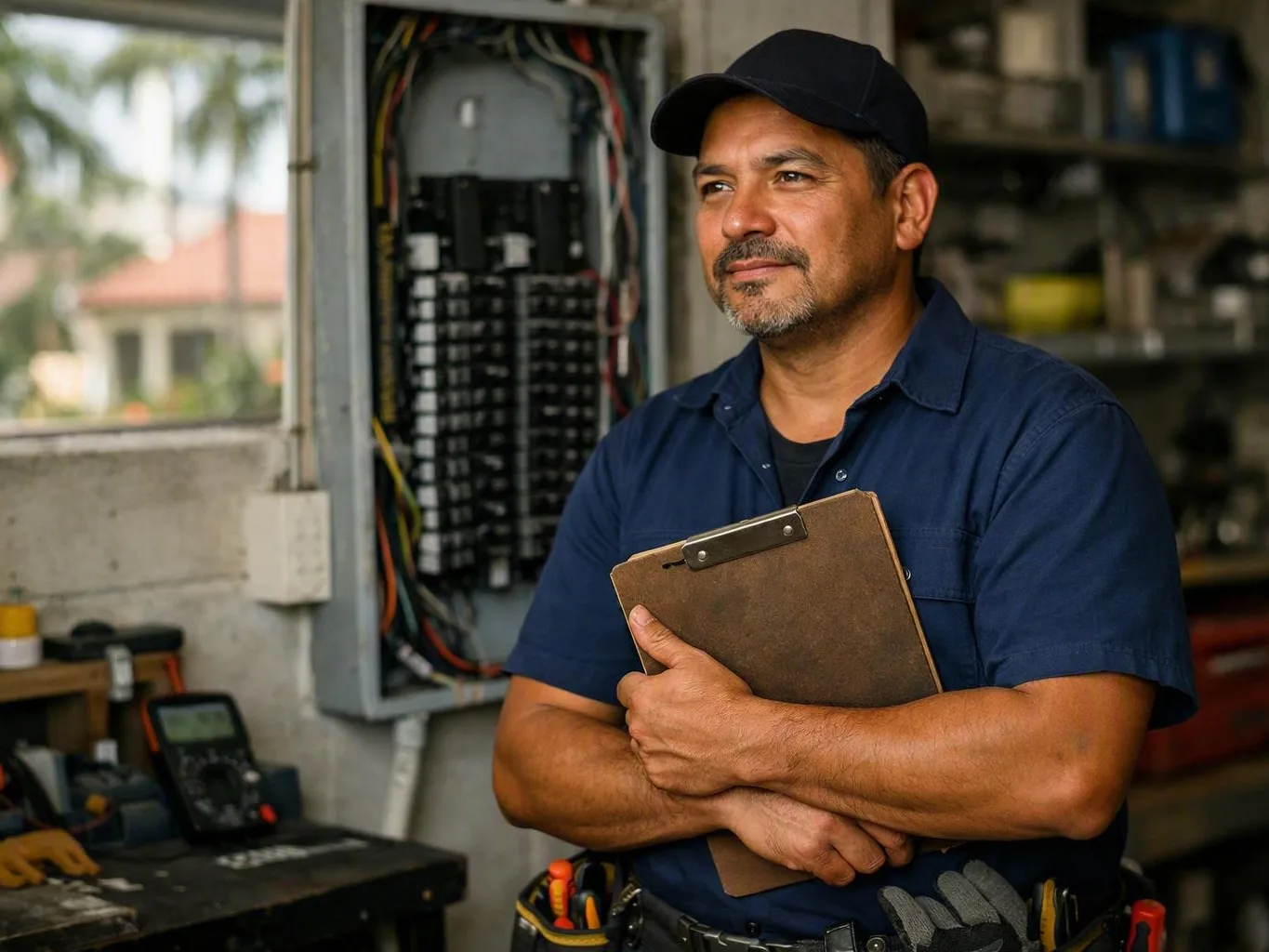 Electrician holding a clipboard beside an open electrical panel in a workshop