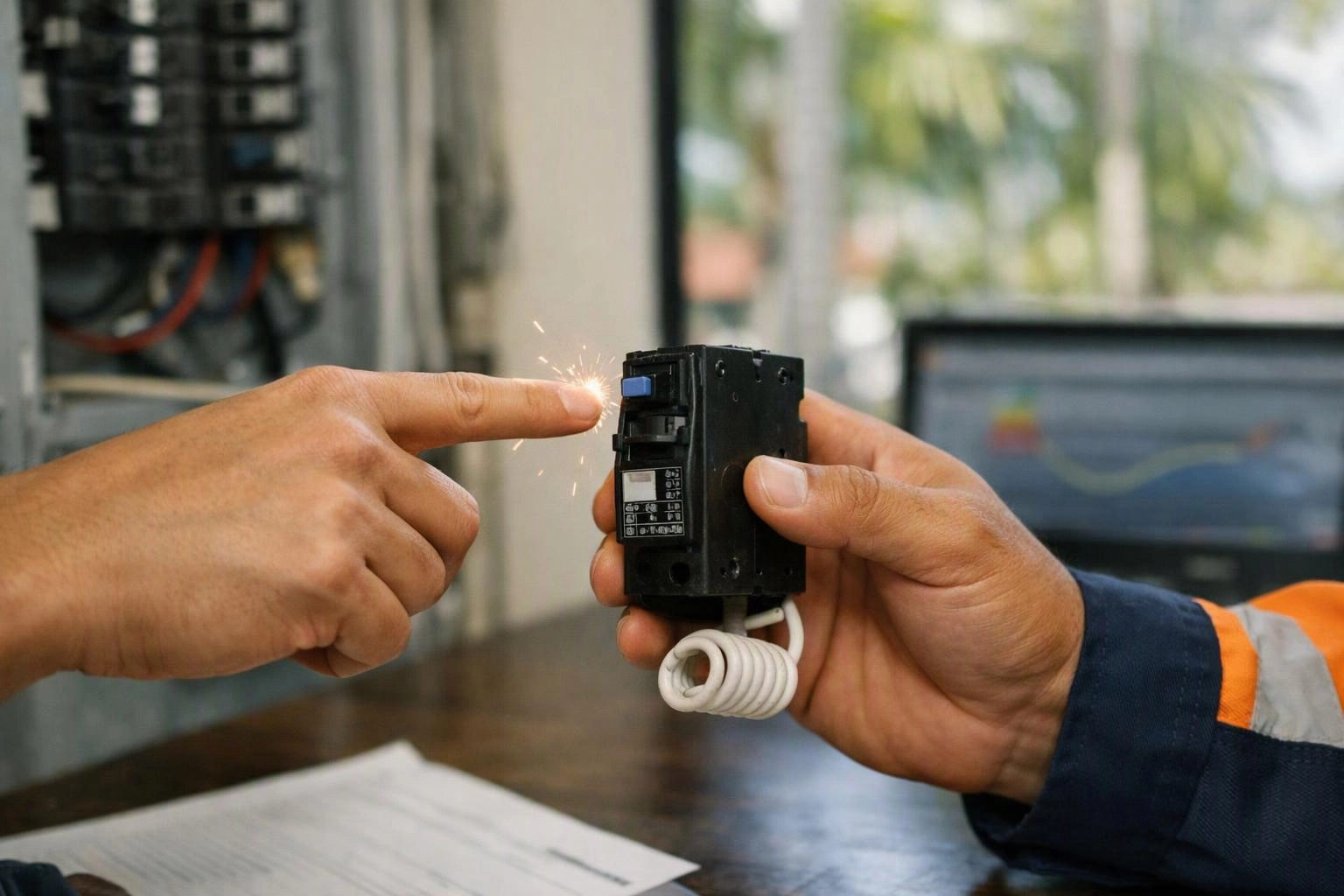 Two hands inspect a small electrical breaker, and one finger touches it, sparking near a workbench