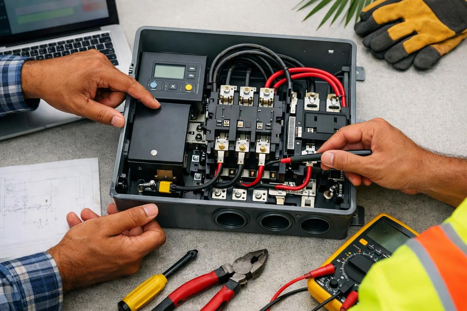 Hands inspect an open electrical control box with wiring, meters, and tools on a workbench