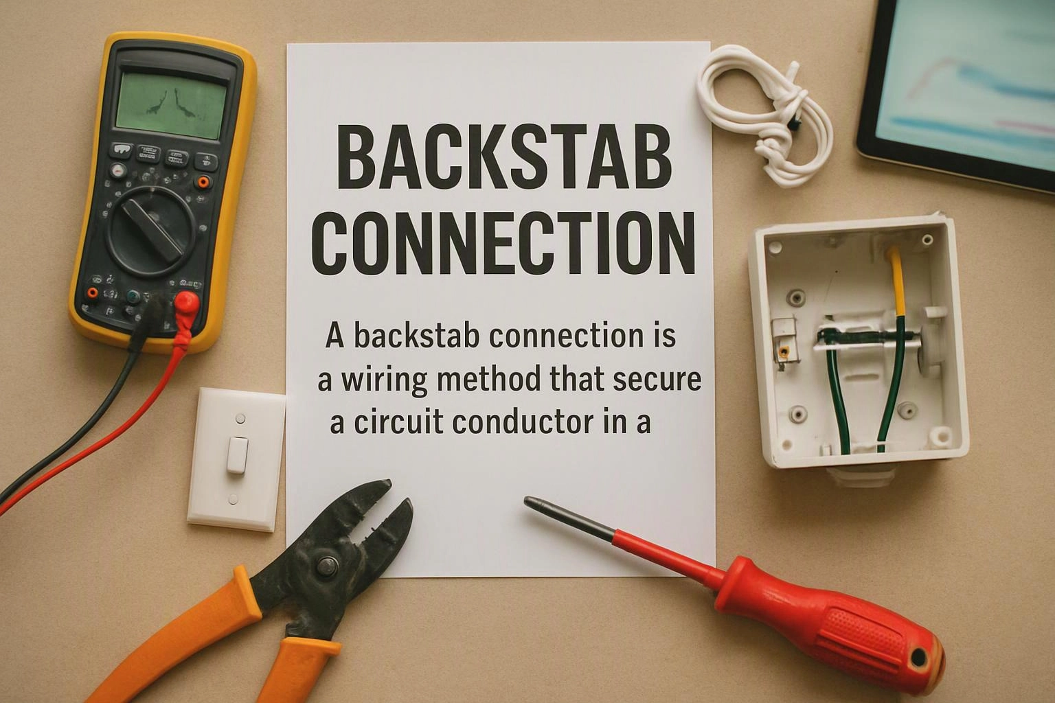 A flat lay shows electrical tools around a sheet titled “BACKSTAB CONNECTION” on a beige surface