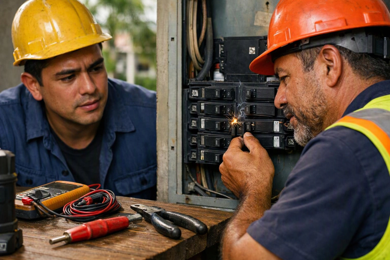 Two electricians in hard hats inspect a breaker panel while one holds a tool and sparks fly inside