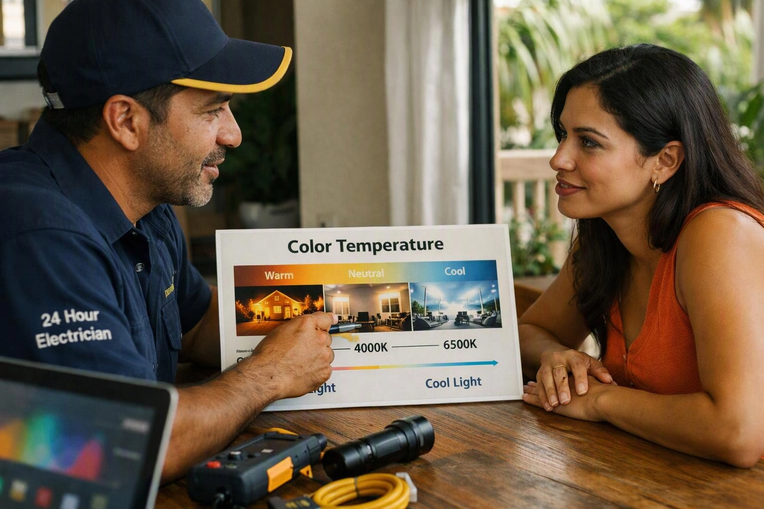 A man in a cap shows a color temperature chart to a woman at a wooden table indoors