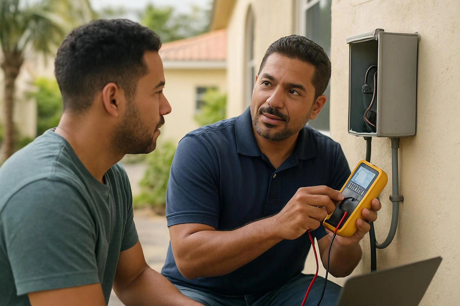Two men inspect an open electrical box outside a house, with one using a yellow multimeter