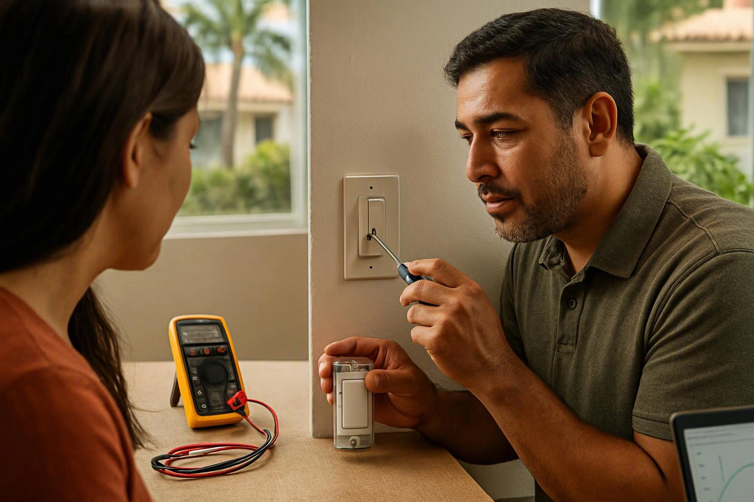 A man installs a light switch while a woman watches, with a multimeter and tools on the table