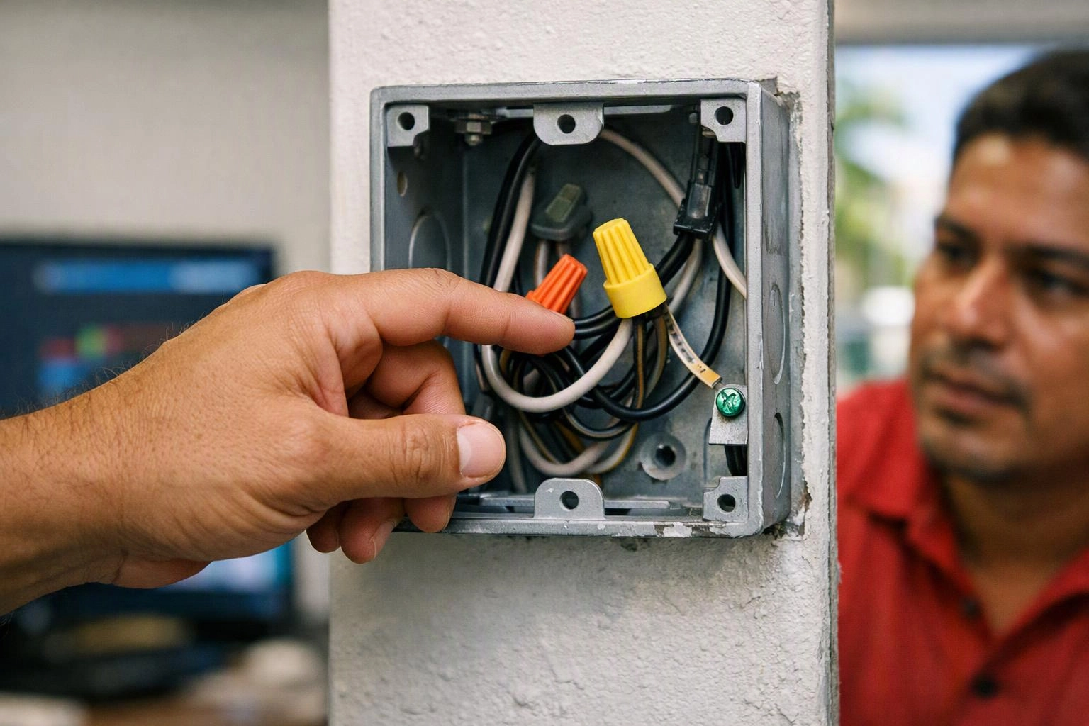 A hand points into an open electrical junction box with bundled wires, while a man watches nearby