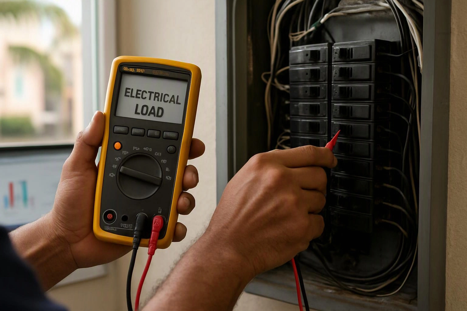 Hands test an electrical panel with a yellow meter while a red probe touches a breaker, indoors