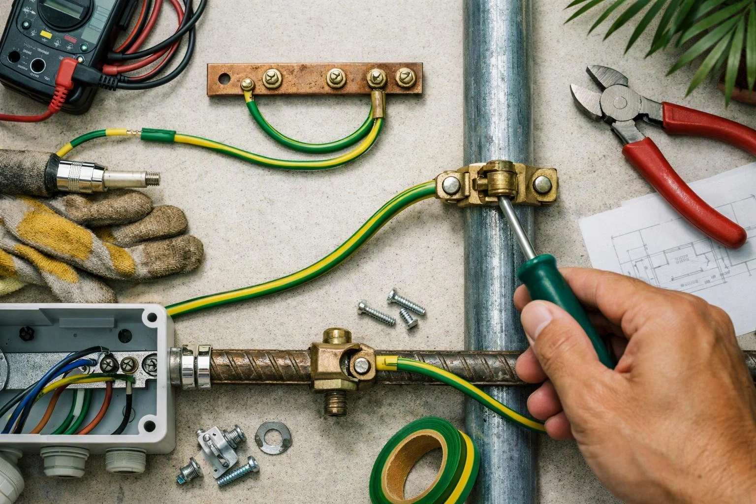 A hand tightens a grounding clamp on a metal pipe beside wires, tools, and an open junction box