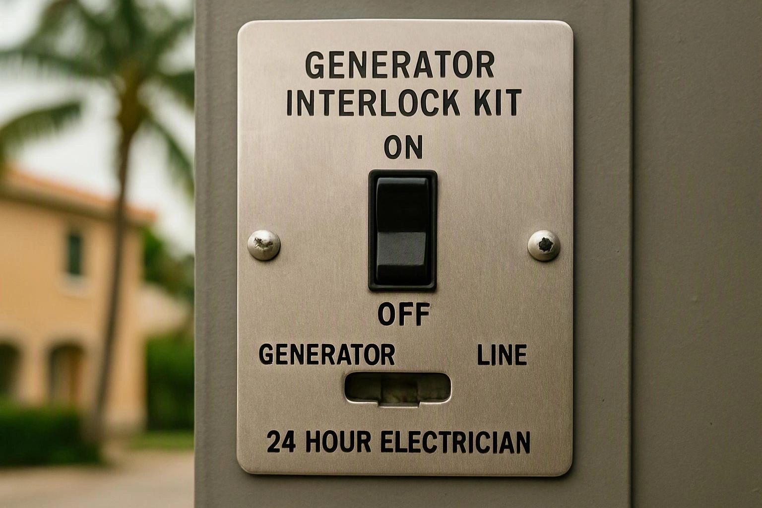 A metal electrical switch plate labeled generator interlock kit sits on a gray post outdoors