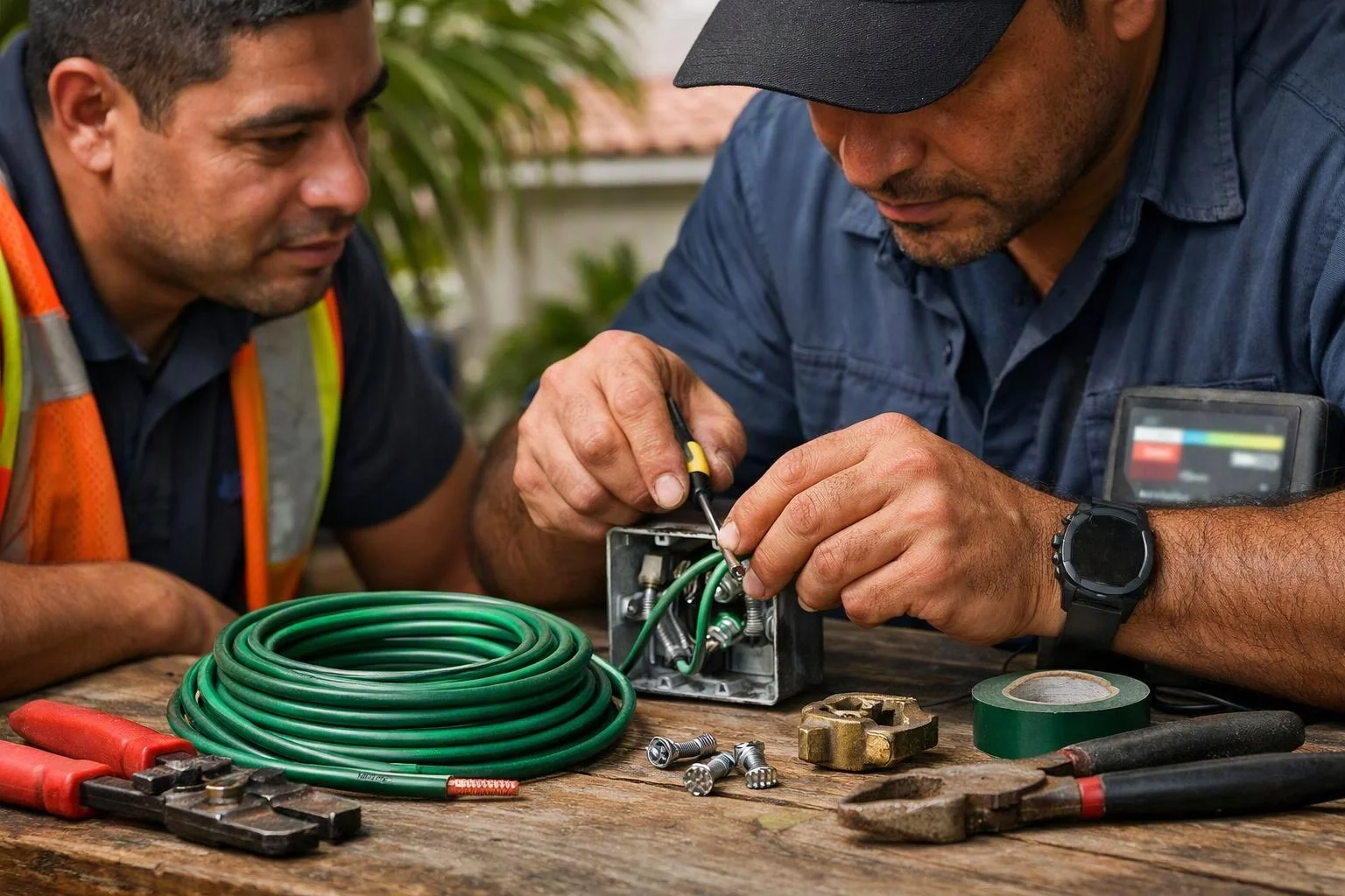Two men inspect wiring in a metal box at a wooden workbench with tools and coiled green cable