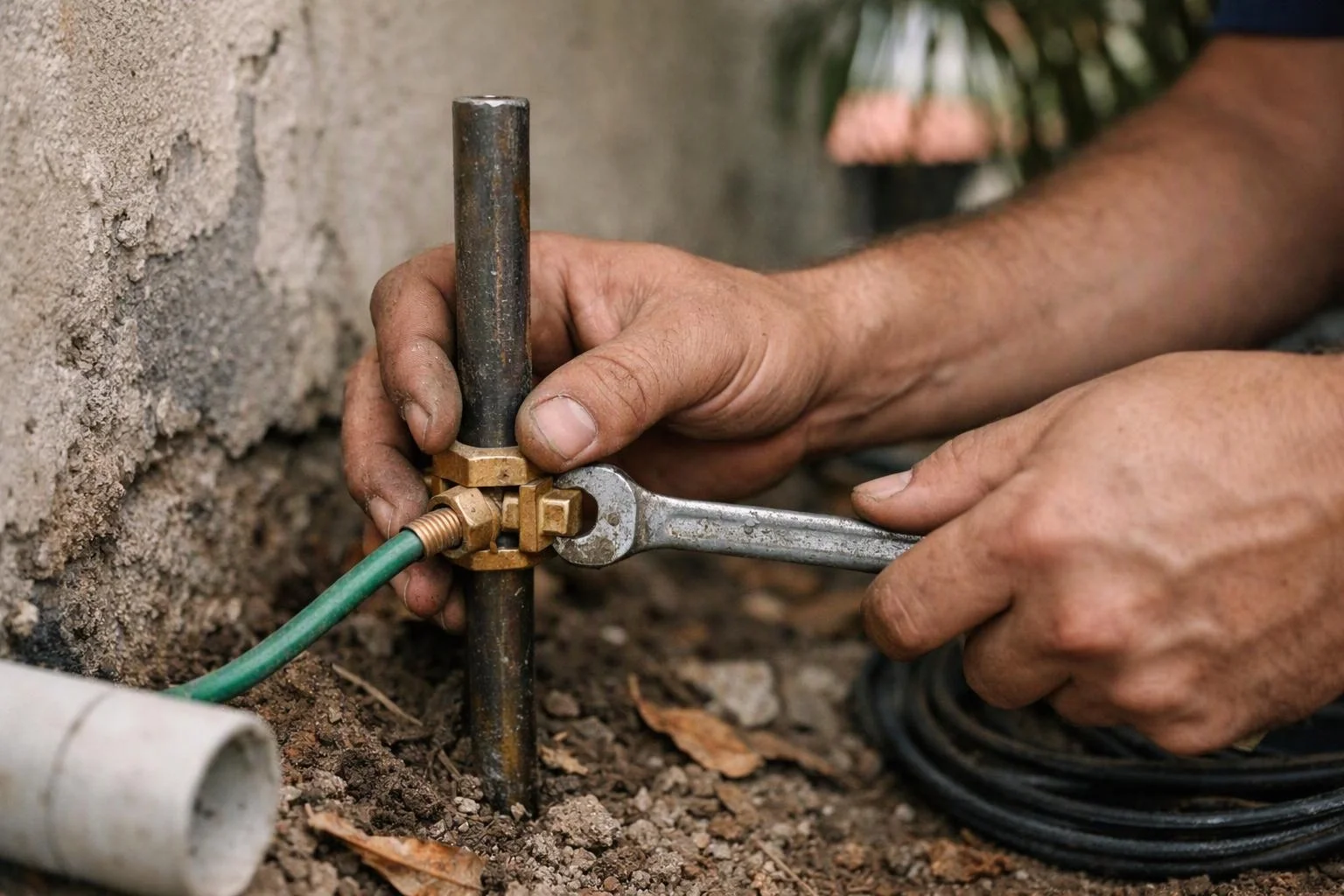 Hands tighten a wrench on a brass clamp around a metal rod in dirt