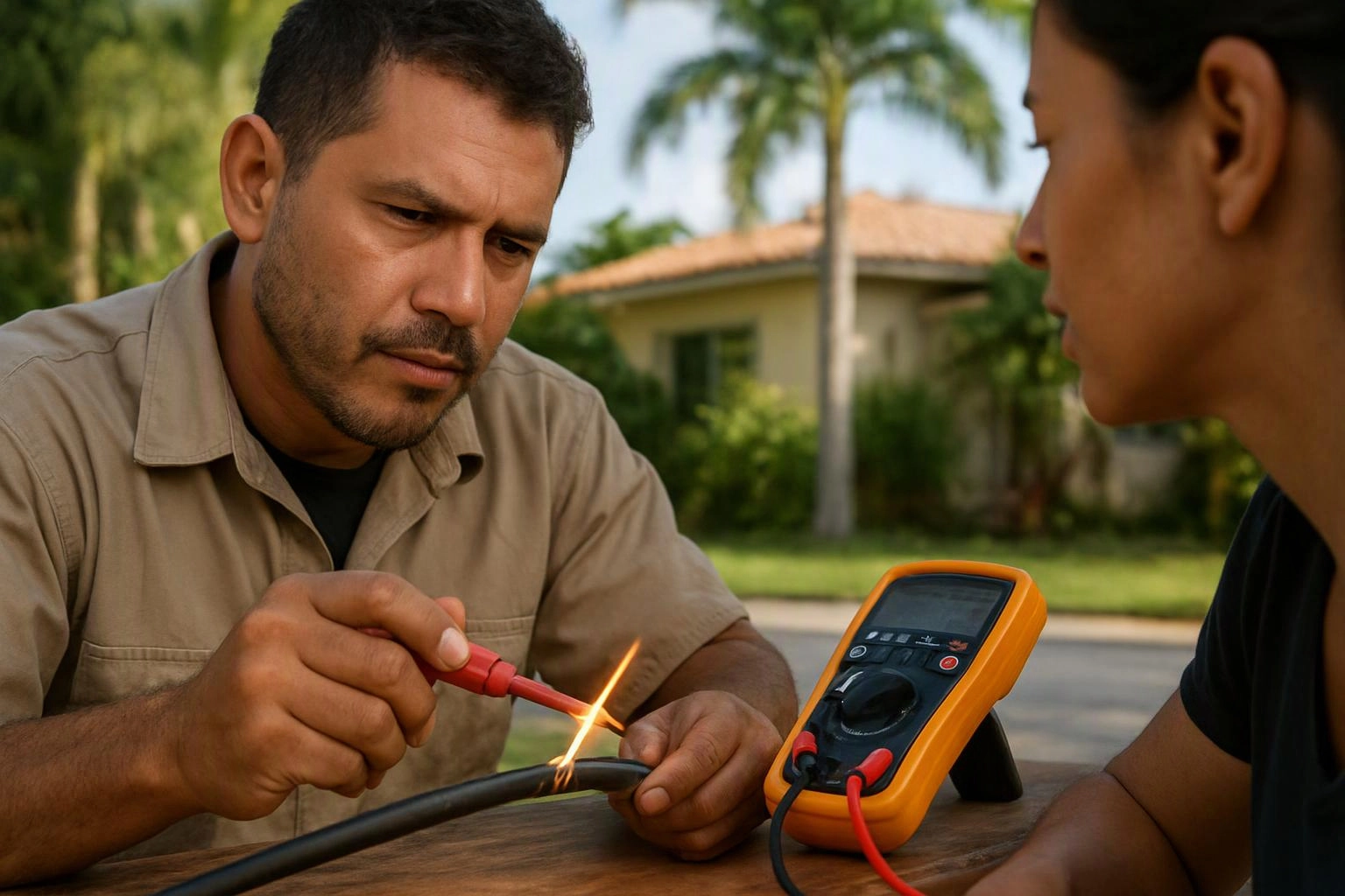 A man tests a cable with a multimeter while a woman watches outdoors at a wooden table