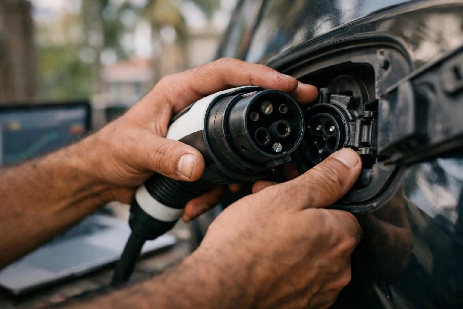 Hands plug an electric vehicle charging cable into a car port outdoors