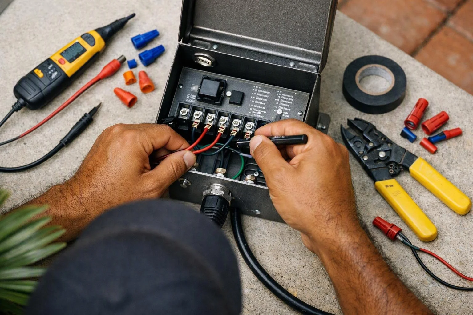 Hands wire a metal electrical control box beside a tester, pliers, tape, and colored wire connectors on a work surface
