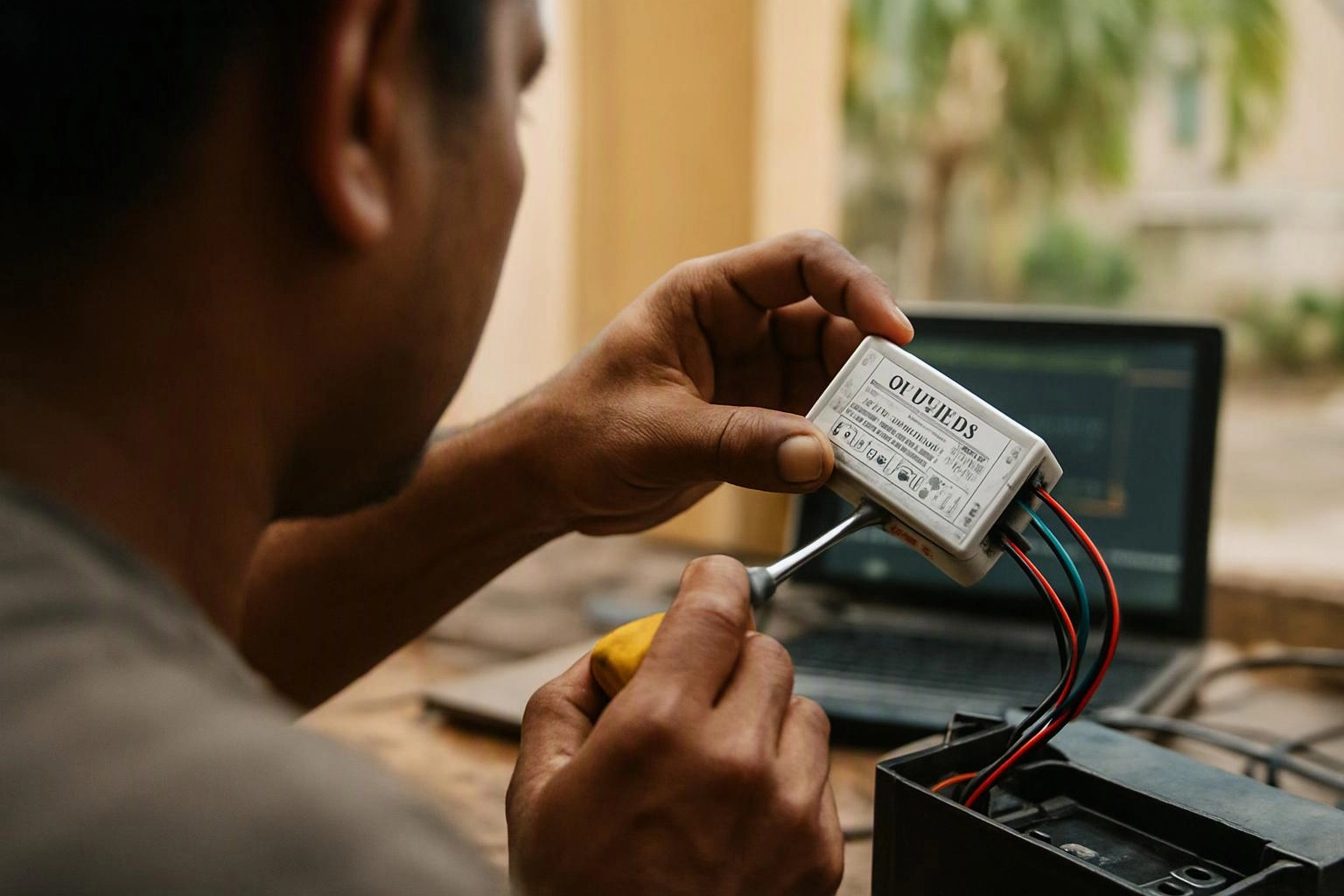 A man uses a screwdriver to adjust a wired electronic device beside a laptop outdoors