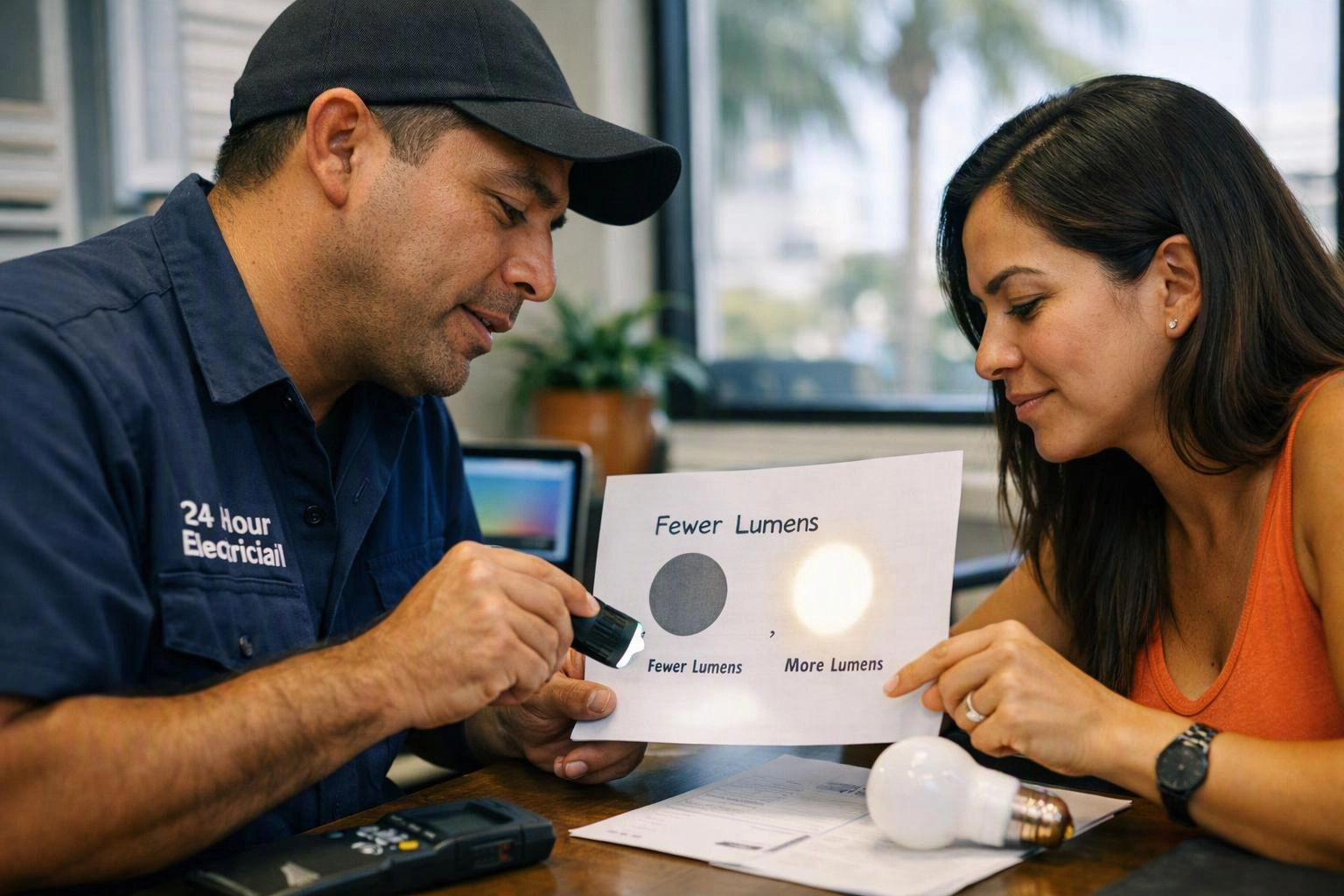 A man in a work shirt shows a flashlight shining on a paper comparing fewer and more lumens as a woman watches