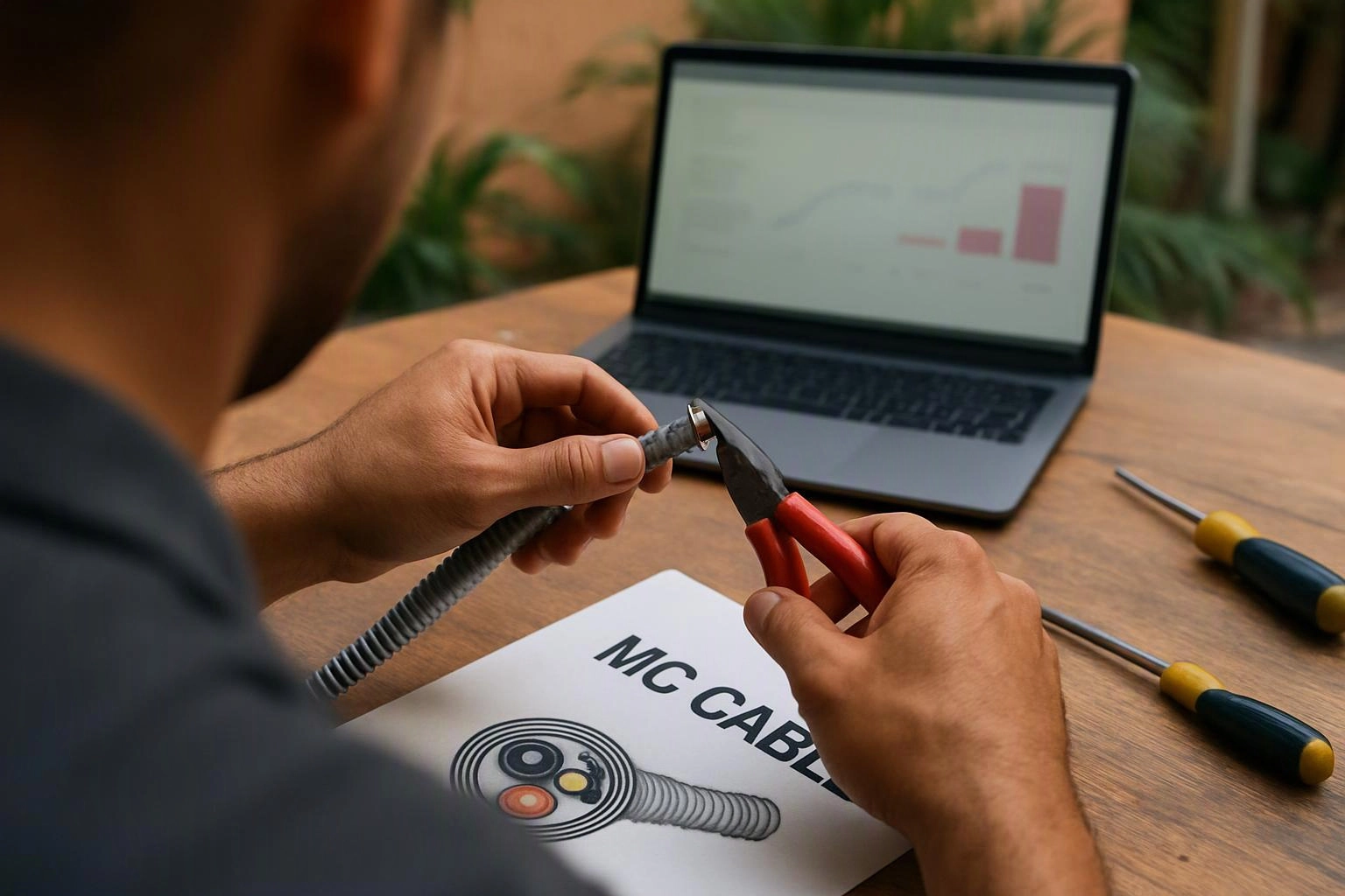 A person uses red pliers to cut a gray cable beside a laptop and screwdriver on a wooden table