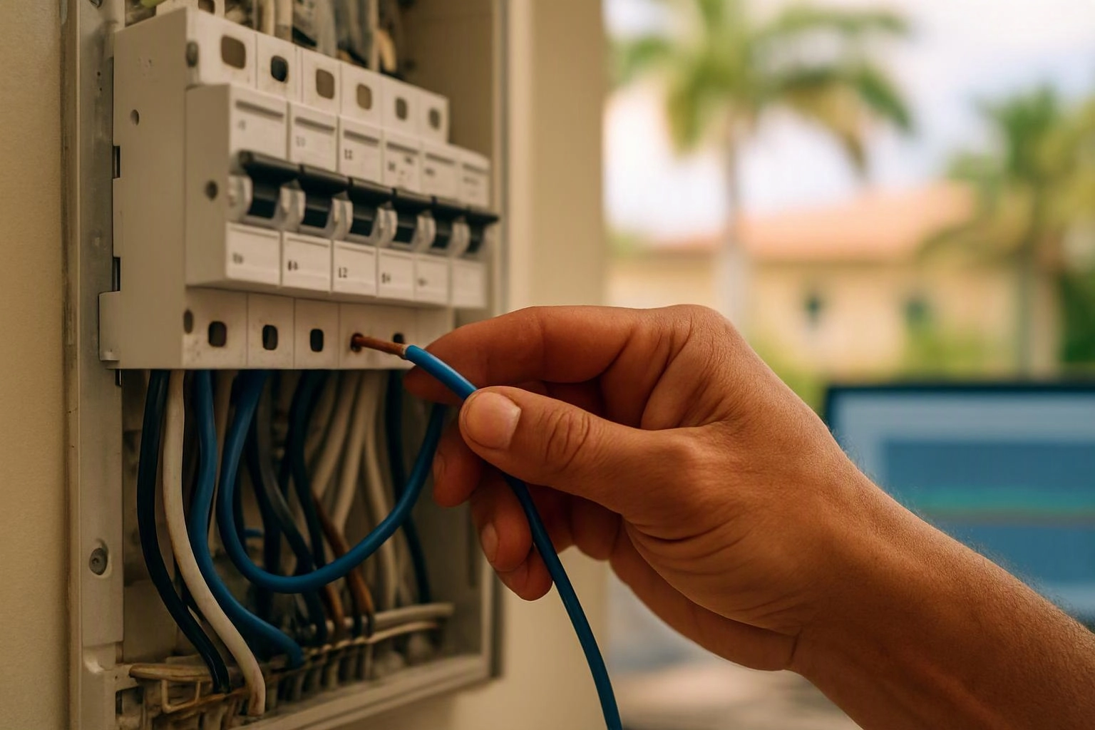 A hand inserts a blue wire into an open electrical breaker panel indoors