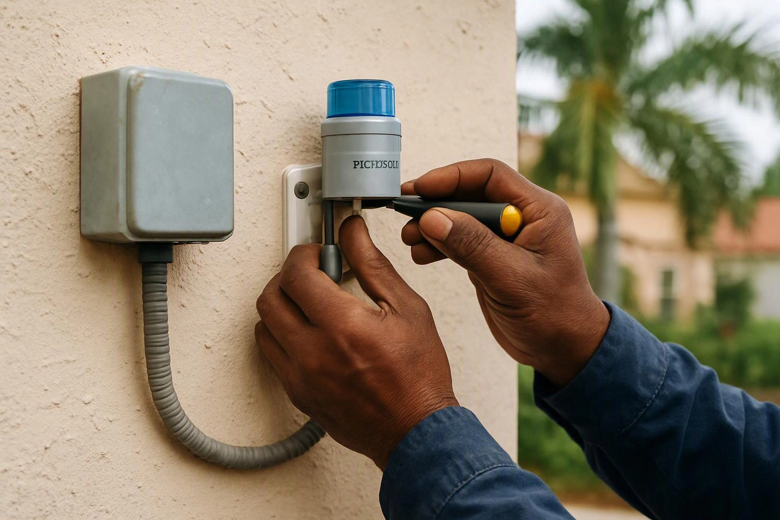 Hands use a screwdriver to adjust a small wall-mounted device beside a gray electrical box outdoors