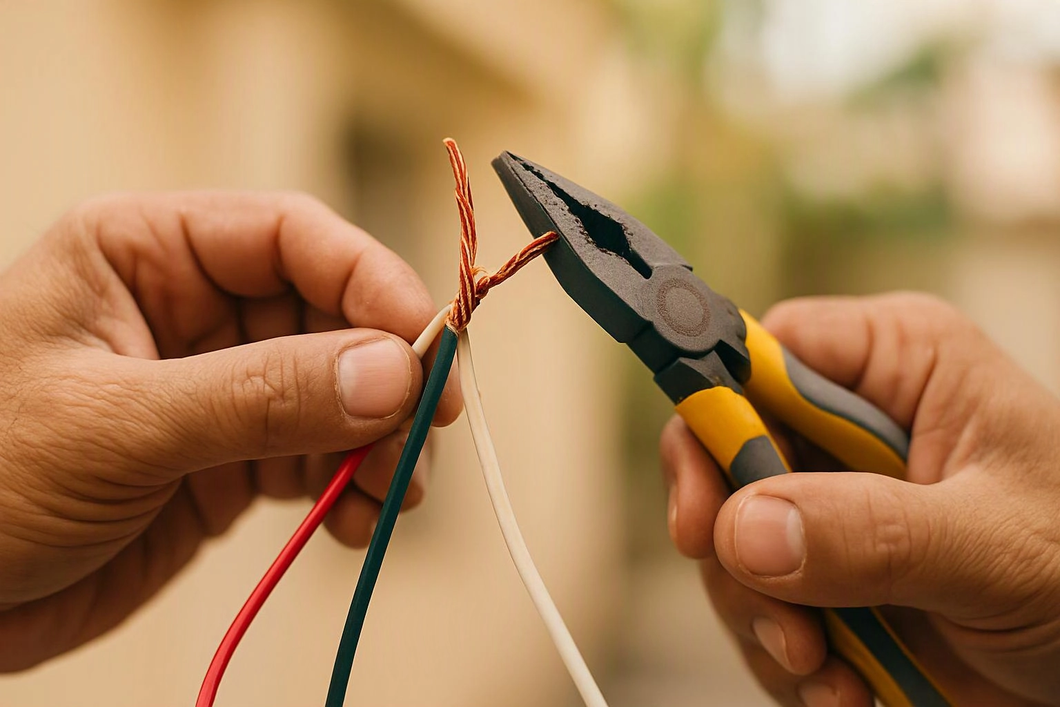 Hands hold pliers and several colored wires while twisting exposed copper outdoors