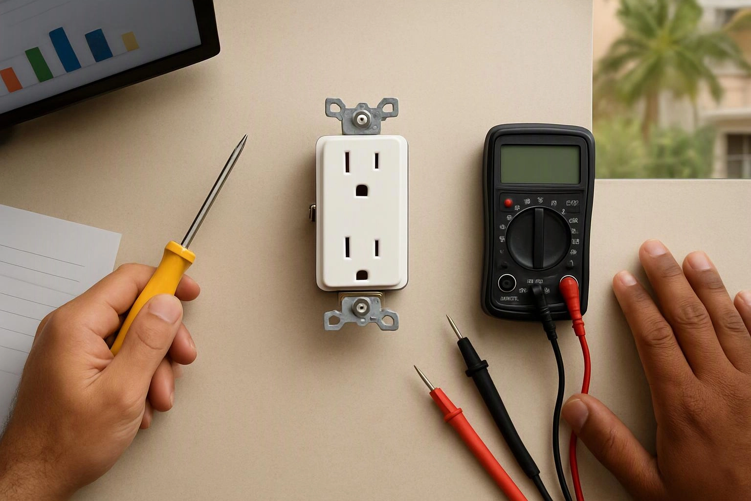 Hands test a wall outlet with a multimeter and screwdriver on a beige work surface