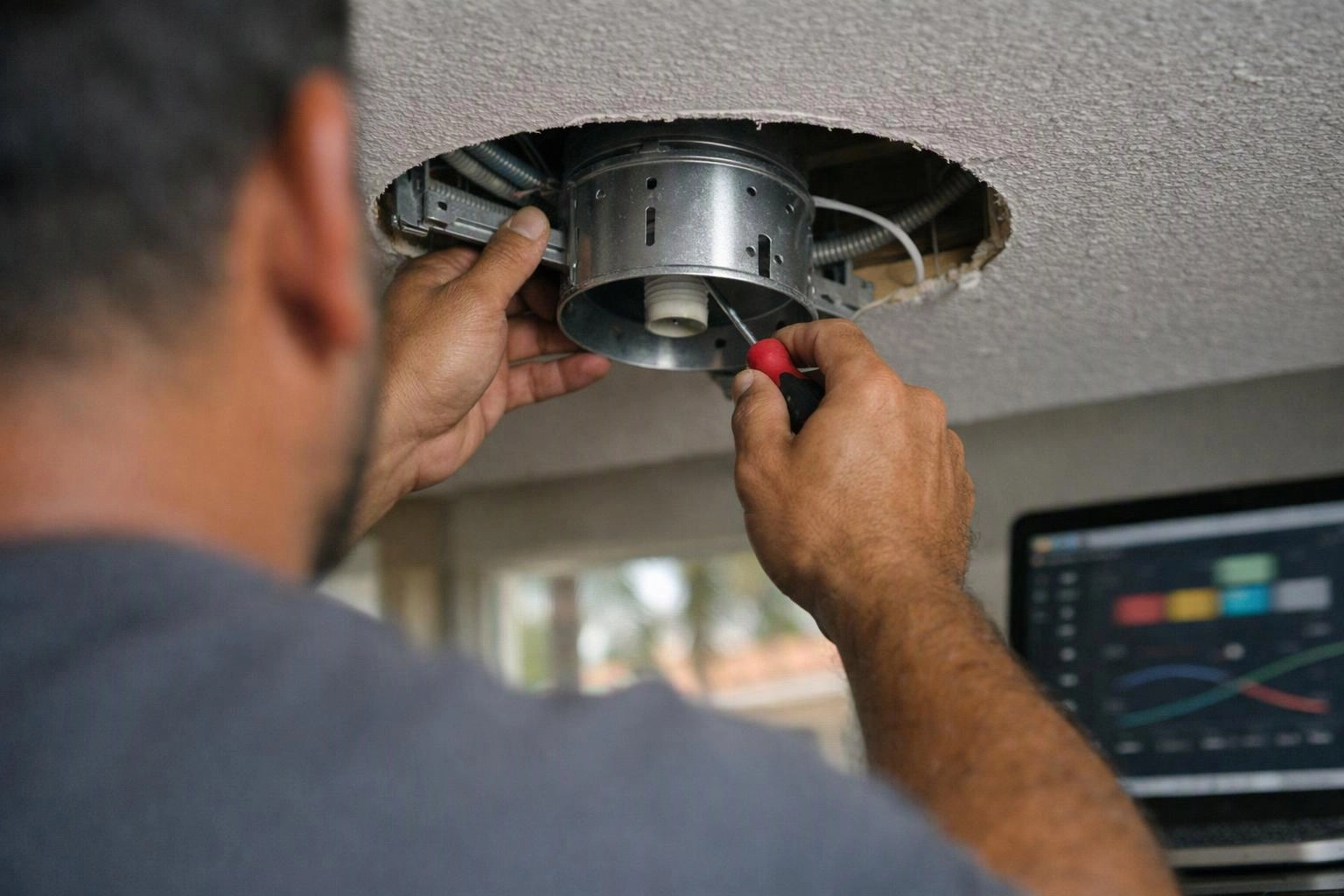 A man uses a screwdriver to work on a ceiling light fixture inside a cutout opening