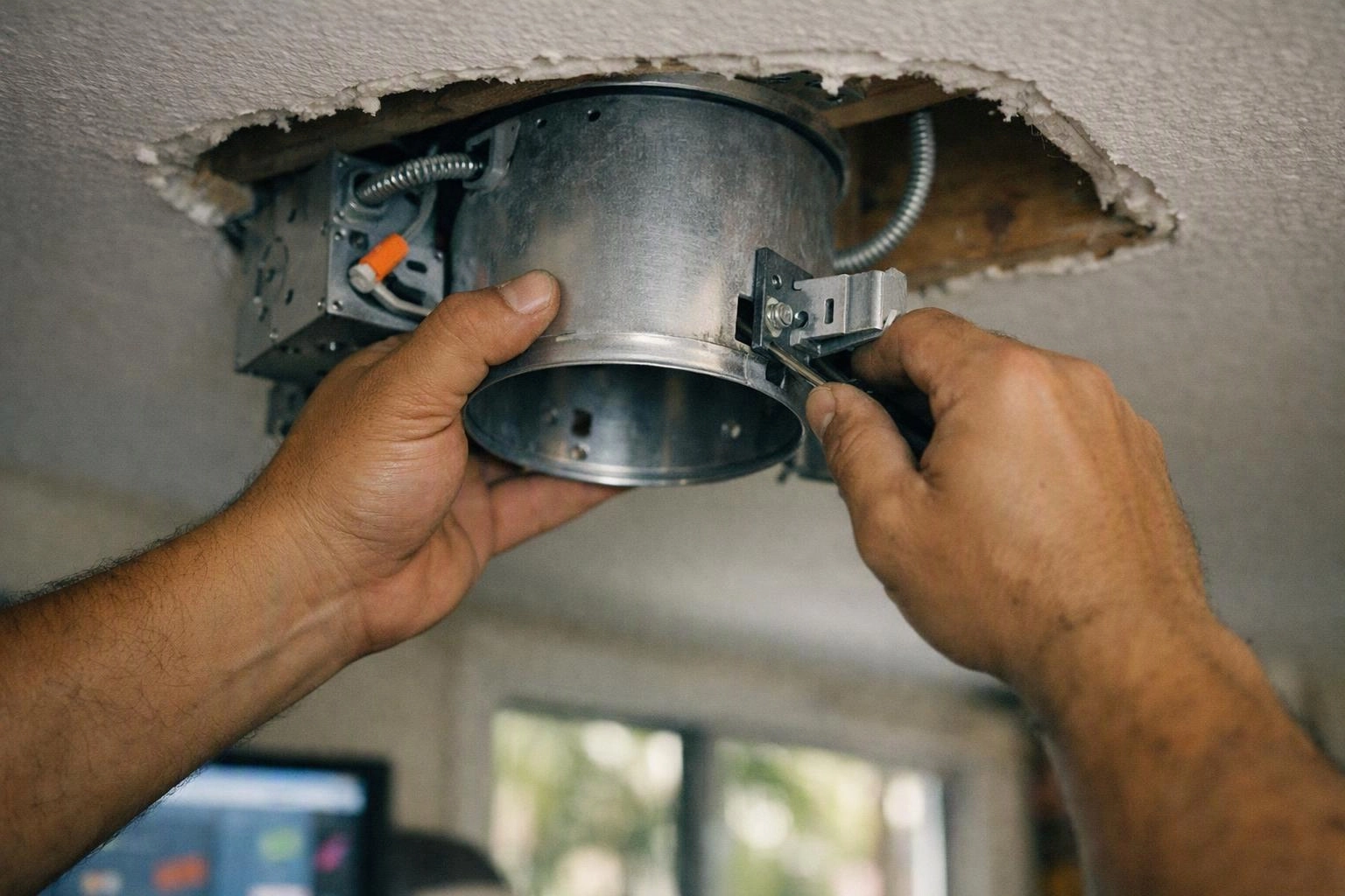 Hands install a metal recessed light housing in a ceiling opening indoors