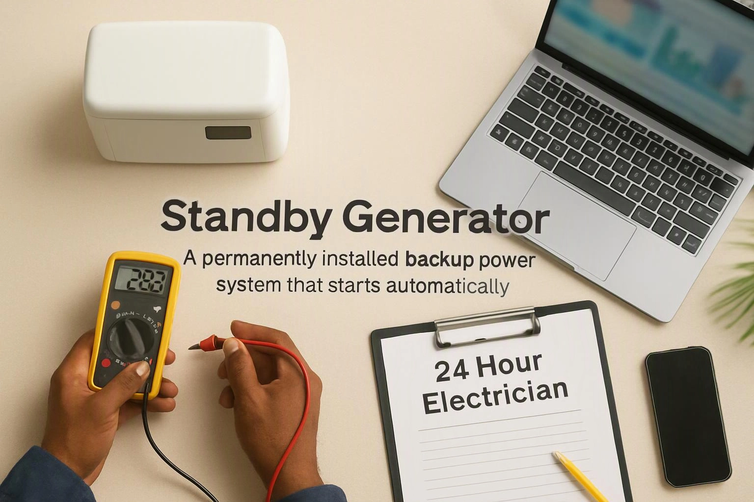Hands hold a yellow multimeter near a white device, beside a laptop, clipboard, and phone on a desk