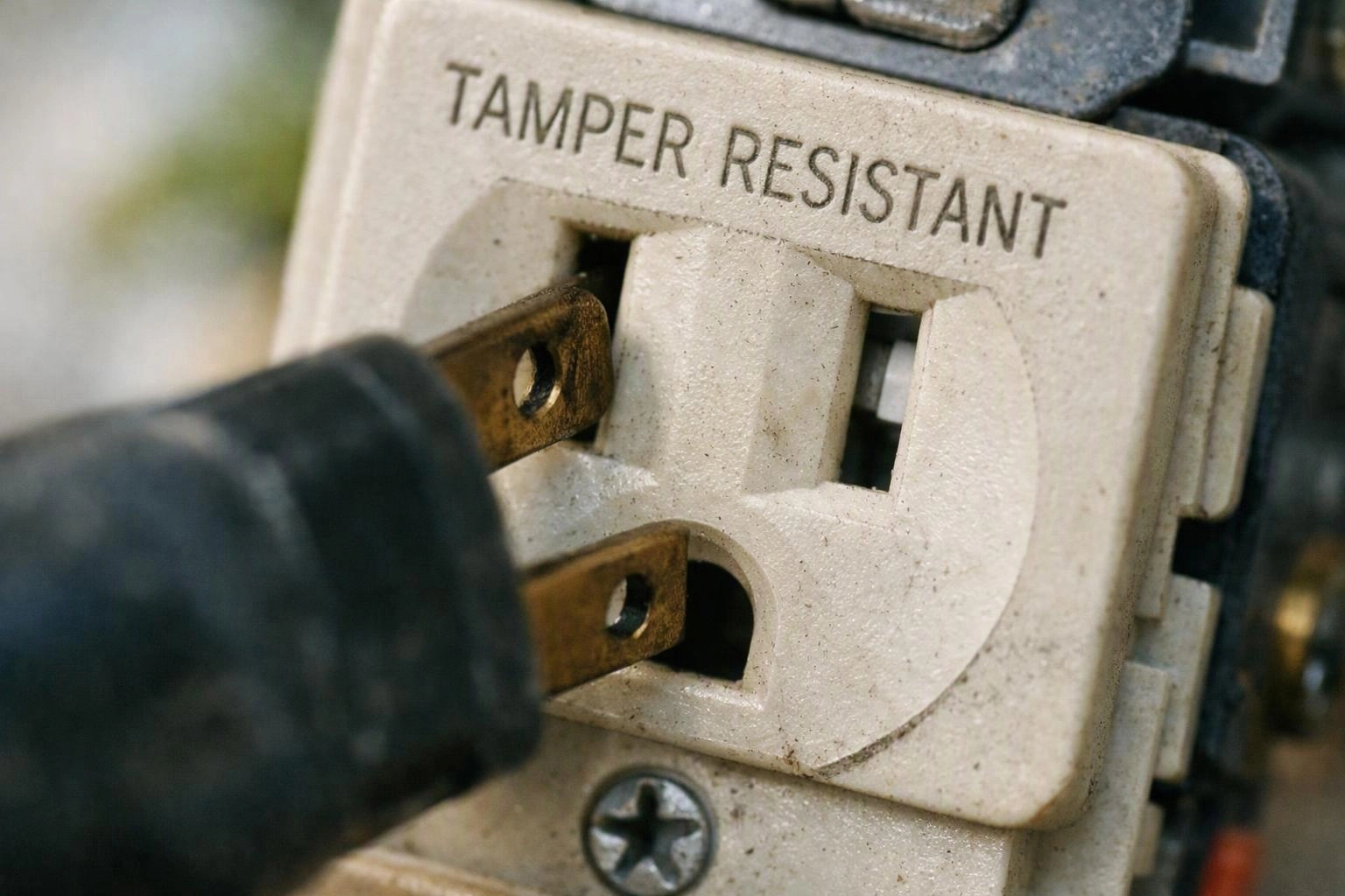 Close-up of a tamper resistant electrical outlet with a plug inserted, showing the socket and cord together