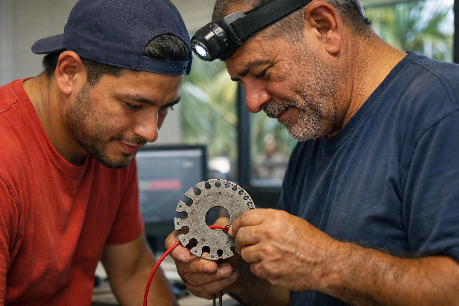 Two men inspect a metal gauge and red wire together in a bright workshop