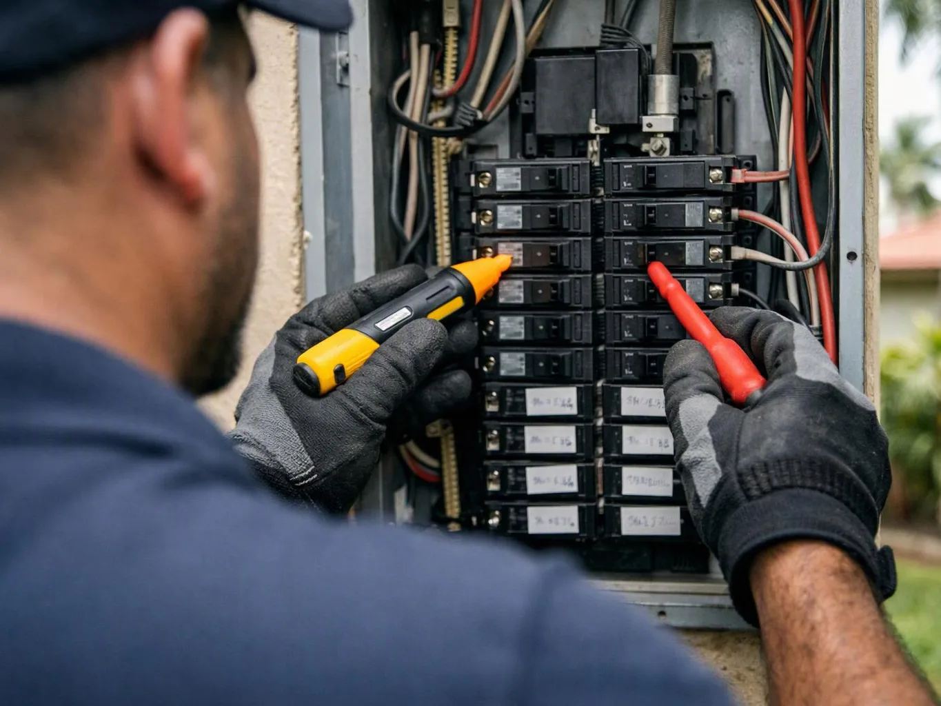 A gloved electrician tests a circuit breaker panel with two probes in an open electrical box