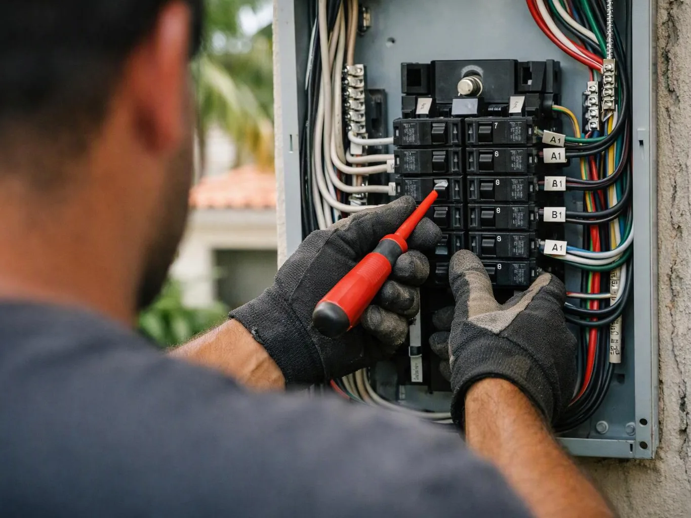 A gloved electrician tests a circuit breaker panel with a red screwdriver outdoors