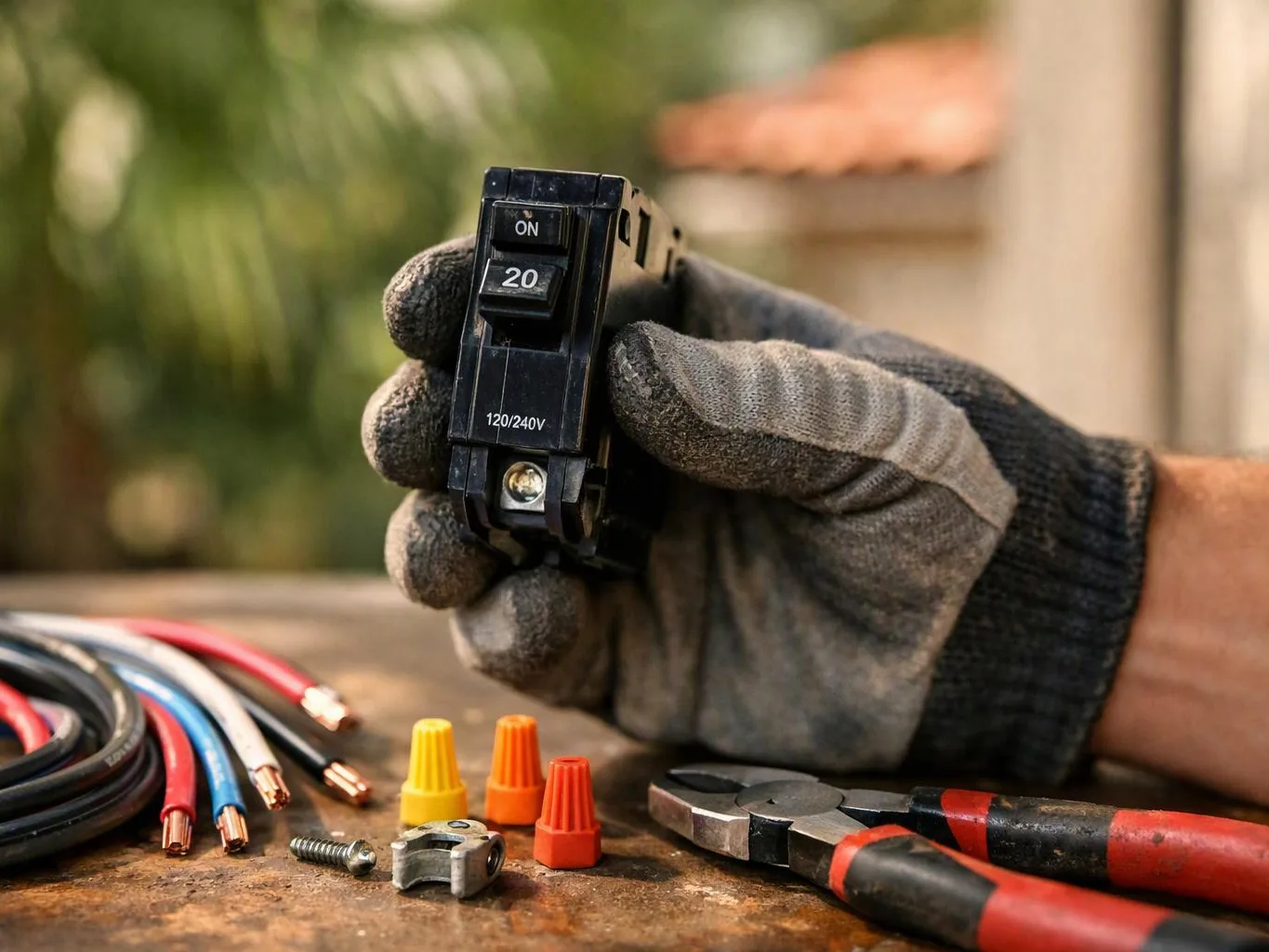 A gloved hand holds a black circuit breaker above wires, wire nuts, and pliers on a workbench
