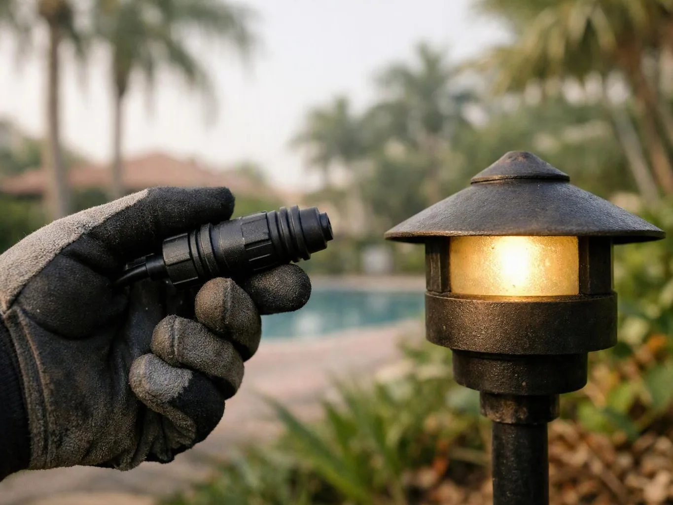 A gloved hand holds a black connector beside a glowing garden path light near a pool