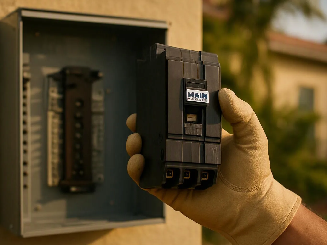 A gloved hand holds a black electrical breaker beside an open outdoor panel box