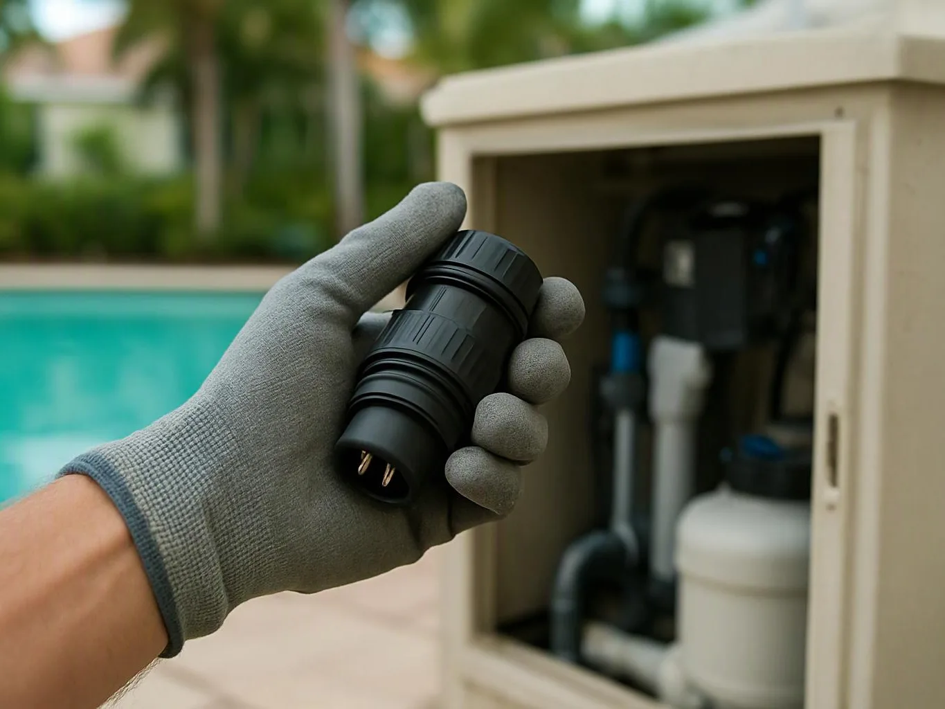 A gloved hand holds a black electrical connector beside an open pool equipment cabinet outdoors