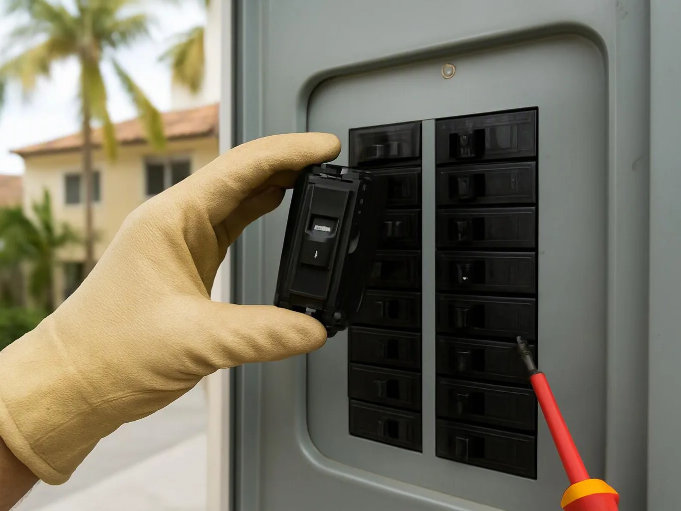 A gloved hand holds a circuit breaker beside an open electrical panel outdoors under palm trees