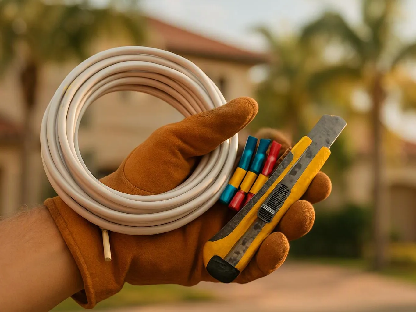A gloved hand holds a coiled white cable, colored connectors, and a yellow utility knife outdoors