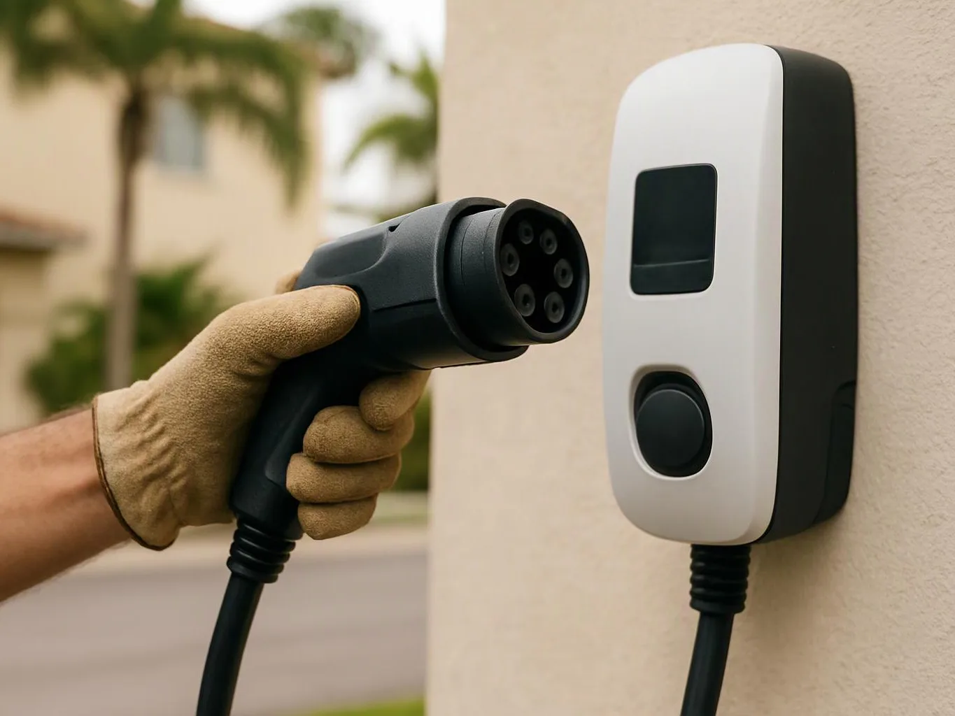 A gloved hand holds an electric car charging plug near a wall-mounted charging unit outdoors