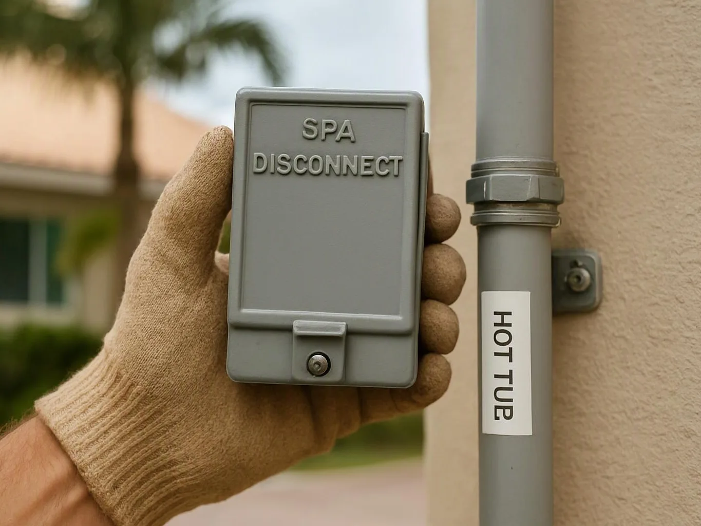 A gloved hand holds a gray box labeled SPA DISCONNECT beside a pipe marked HOT TUB