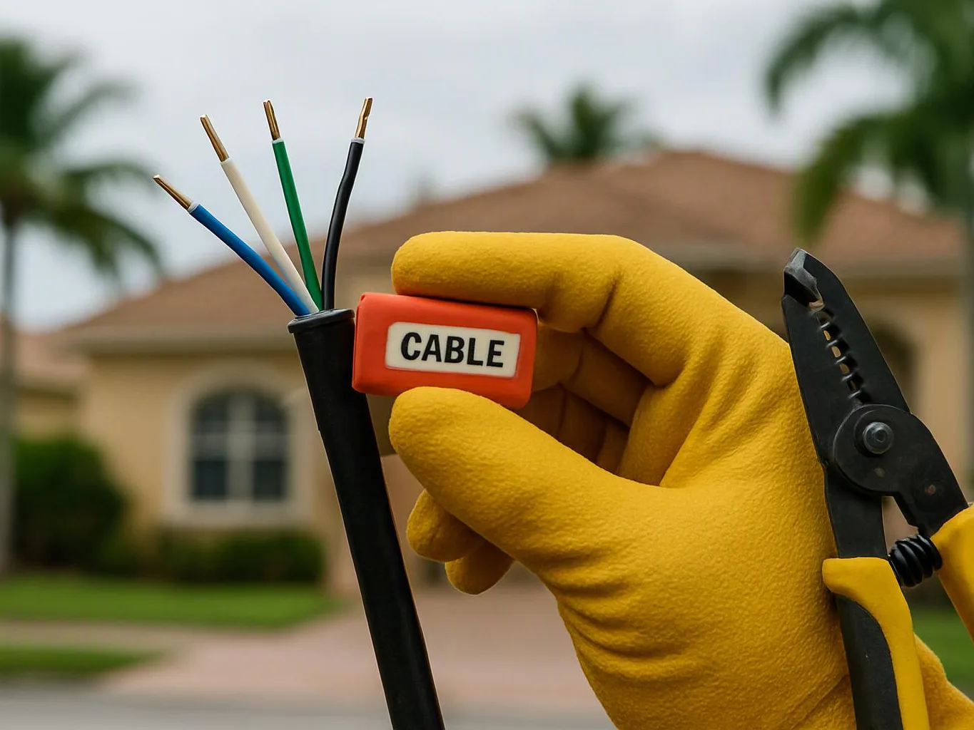A gloved hand holds a labeled electrical cable with exposed wires and cutting pliers in front of a house