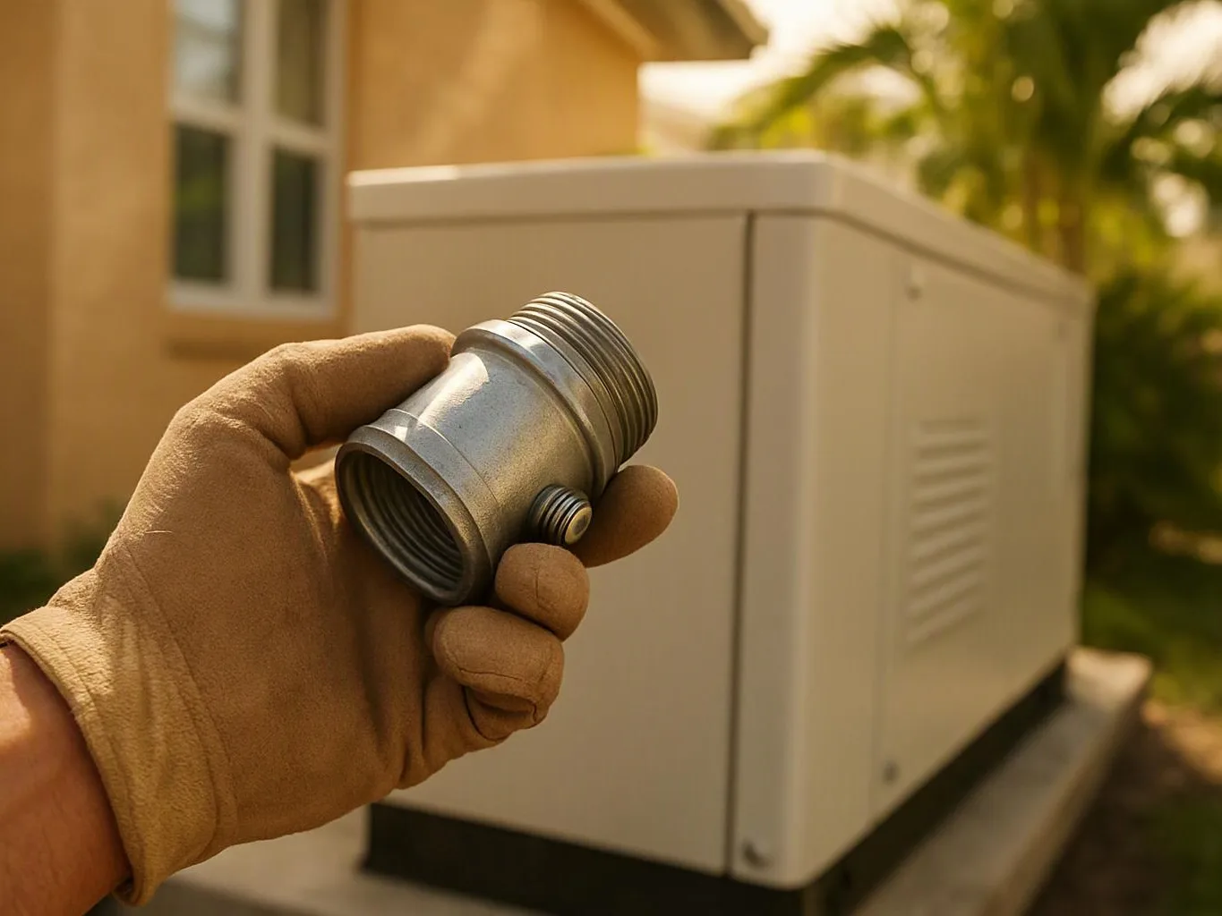 A gloved hand holds a metal pipe fitting in front of an outdoor generator unit