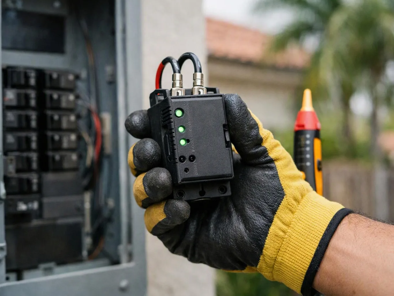 A gloved hand holds a small black electrical device beside an open breaker panel outdoors