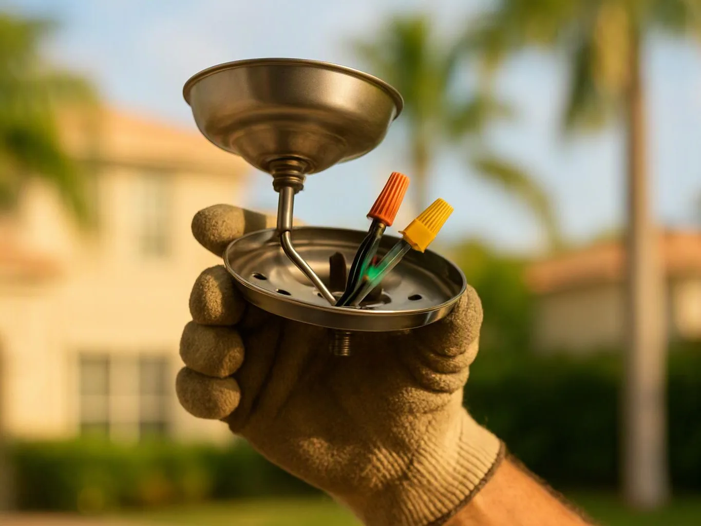 A gloved hand holds a small metal light fixture with three colored wires against a blurred outdoor background