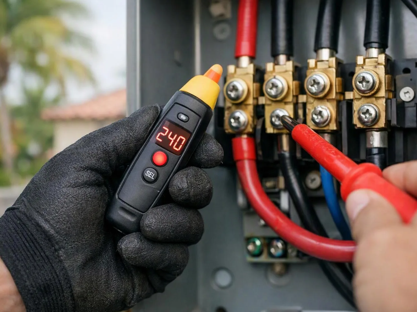 A gloved hand holds a voltage tester near electrical terminals while another hand probes a wire in a panel