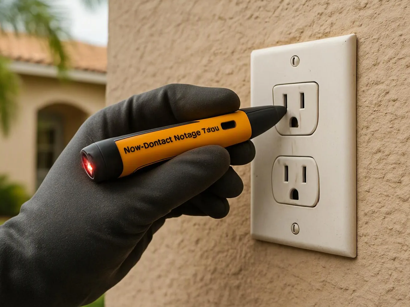 A gloved hand holds a yellow voltage tester near a wall outlet on a stucco wall