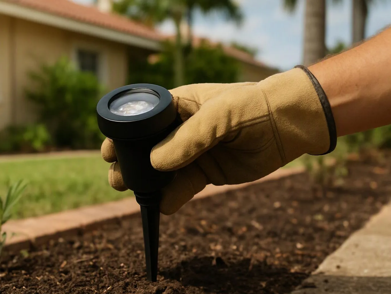 A gloved hand plants a black garden spotlight into mulch beside a walkway outside a house